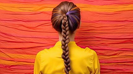  the back of a woman's head with a fishtail braid in front of a backdrop of orange and red paper streamers and a woman's hair is wearing a yellow shirt.
