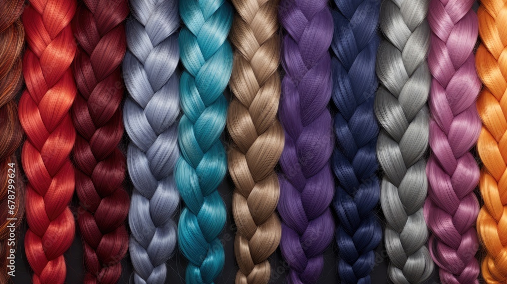 Poster a bunch of braids of different colors in a row on a black background with the colors of the rainbow 