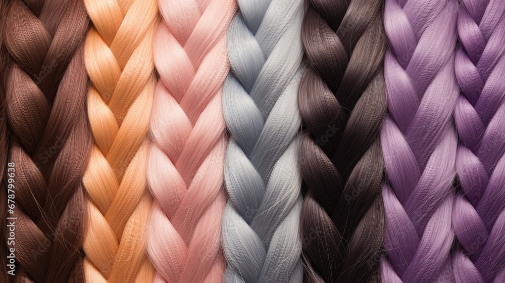 Poster a group of braids of different colors are shown in a row on a white background the colors of the bra