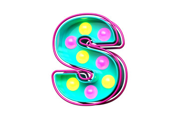 Colorful 90s style font 3D letter S. Nostalgic light bulb marquee lettering. High quality 3D rendering.