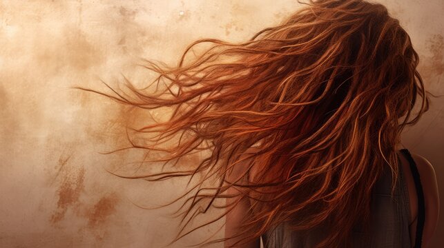  the back of a woman's head with long, red hair blowing in the wind in front of a dirty, grungy, stucco - looking wall.