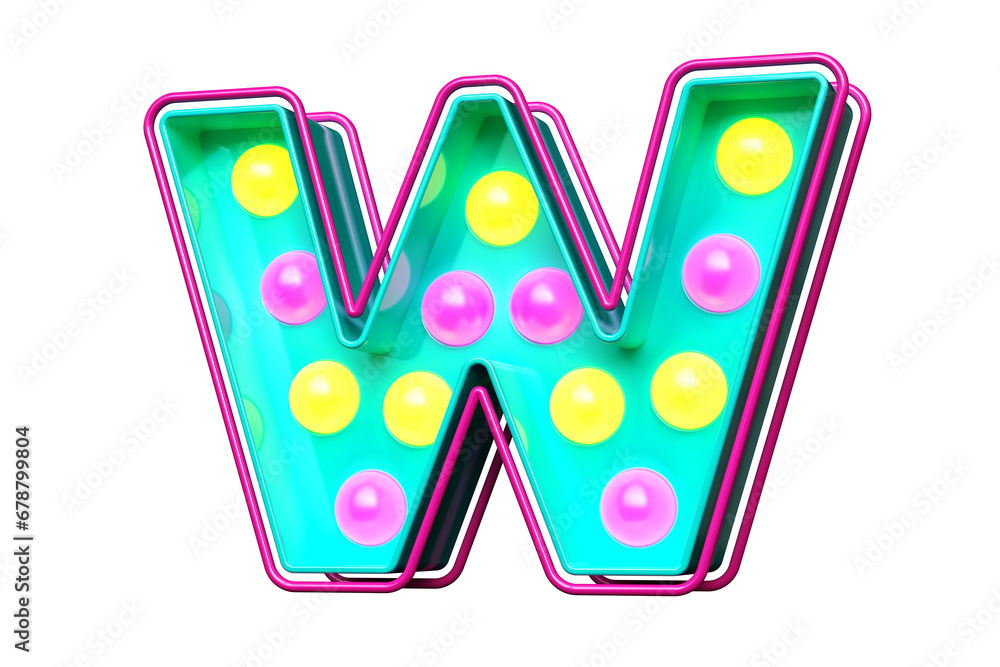 Poster 1990s style font 3d character w. light bulb marquee letters. high quality 3d rendering.