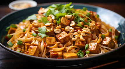 Vegan pad Thai with rice noodles, tofu, bean sprouts, and peanuts in a tangy tamarind sauce.