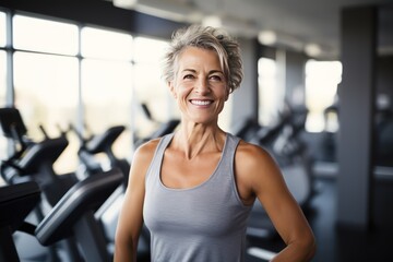 Mature woman in the gym after training. She stands and looks at the camera smiling. Keeping fit...