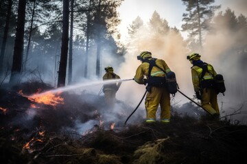 Firefighters use water to combat wildfire in forest working diligently. Crews of firefighters use water and foam to tackle forest wildfire striving to control fire using variety of methods
