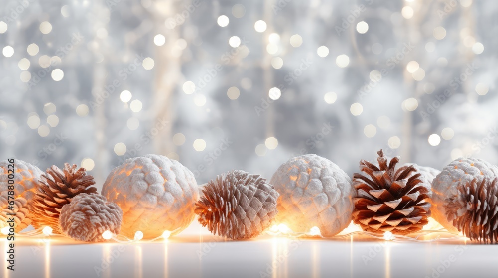 Poster a group of pine cones sitting next to each other on a white surface with a blurry background of tree