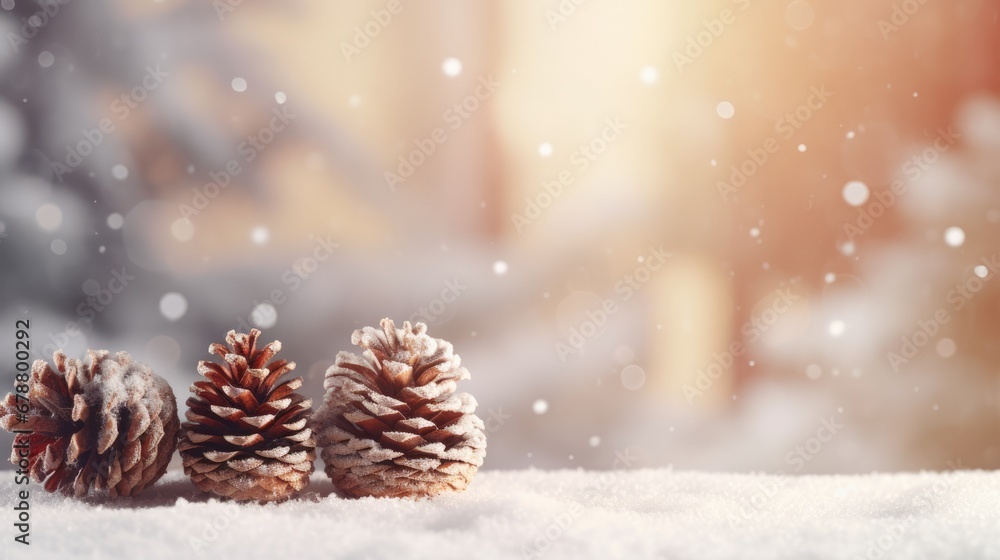 Poster three pine cones sitting on top of a snow covered ground with a blurry building in the background an