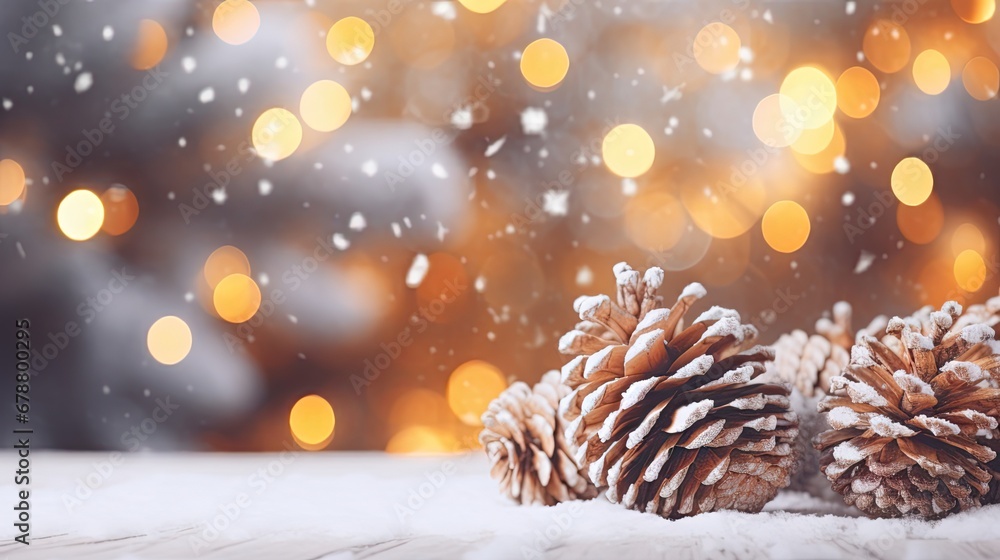 Poster a pair of pine cones sitting on top of a table covered in snow next to a christmas tree with lights 
