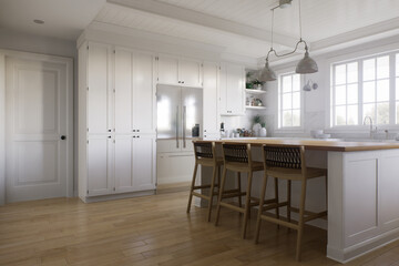White U-shaped kitchen with windows, kitchen appliances and utensils. 
