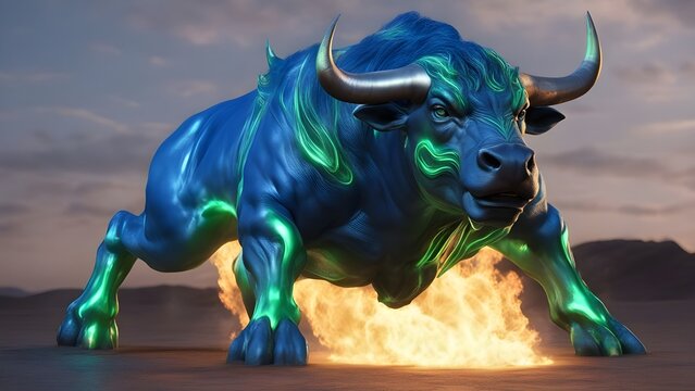 bull in the sky A blue and green fire bull that changes color 