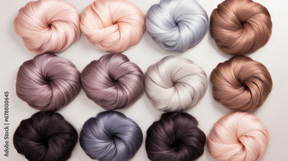 Poster a number of skeins of different colors on a white surface with one skein in the middle of the skeins