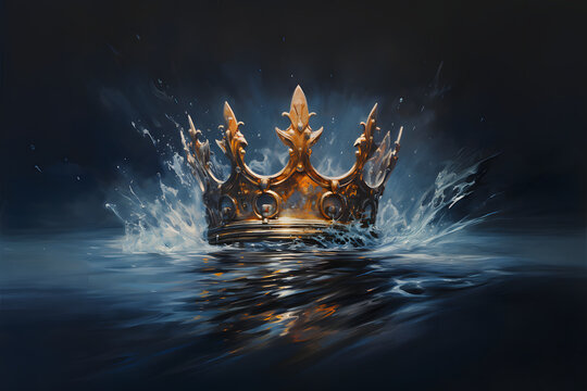 Golden Crown Adrift in the Dark Sea, A golden crown in the middle of a sea with water splash