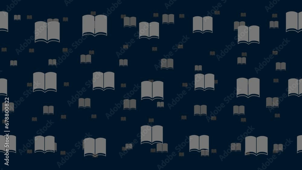 Poster book symbols float horizontally from left to right. parallax fly effect. floating symbols are locate