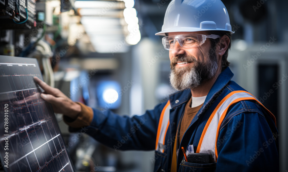 Poster skilled energy engineer implementing energy-related programs to improve efficiency in construction p
