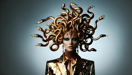 Fototapeta premium Geek mythology character Medusa in high fashion style, Golden themed