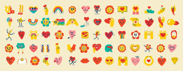 Groovy hippie love sticker set. Heart funny cartoon character different face. Happy valentine's day concept. Trendy retro 60s 70s style emoji. Vector illustrations
