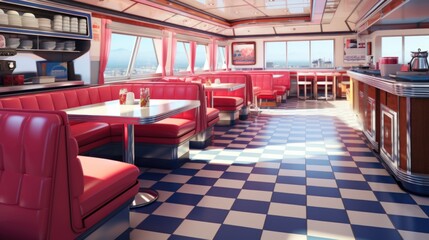 A diner with red booths and black and white checkered floor.