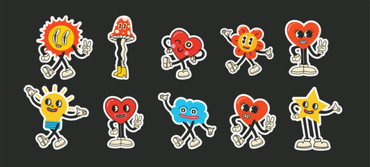 Cartoon abstract retro groovy characters stickers. Retro trendy characters, comic sun and cloud, mascot running cherry, shape star with legs and hands, heart with funny face, vintage mushroom.