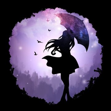 After storm the Sun will shine again. Girl with umbrella. Silhouette art