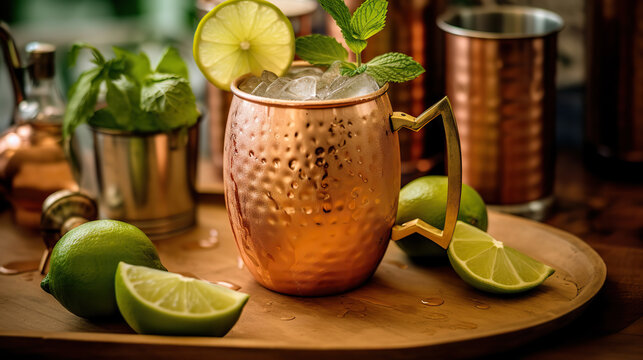 Refreshing Summer Moscow Mule Cocktails in Copper Mugs on a Rustic Wooden Tray