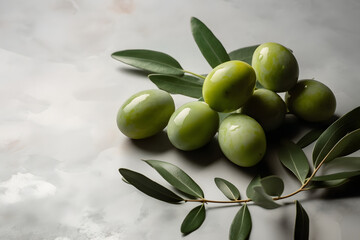 Green olives with leaves on soft grey background with copy space