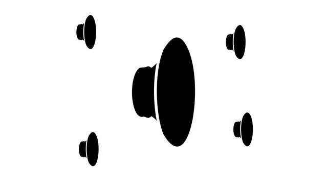 Zoom in and out animation the speaker symbol. Large black symbol in the center and four small symbols around. Seamless looped 4k animation on white background