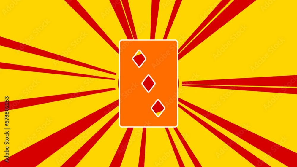 Poster three of diamonds playing card on the background of animation from moving rays of the sun. large ora