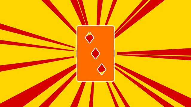 Three of diamonds playing card on the background of animation from moving rays of the sun. Large orange symbol increases slightly. Seamless looped 4k animation on yellow background