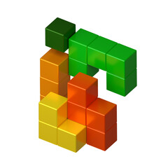 3D building block set. Isometric blocks. Abstract construction from isometric block shapes. The concept of logical thinking, geometric shapes. Perspective Illustration