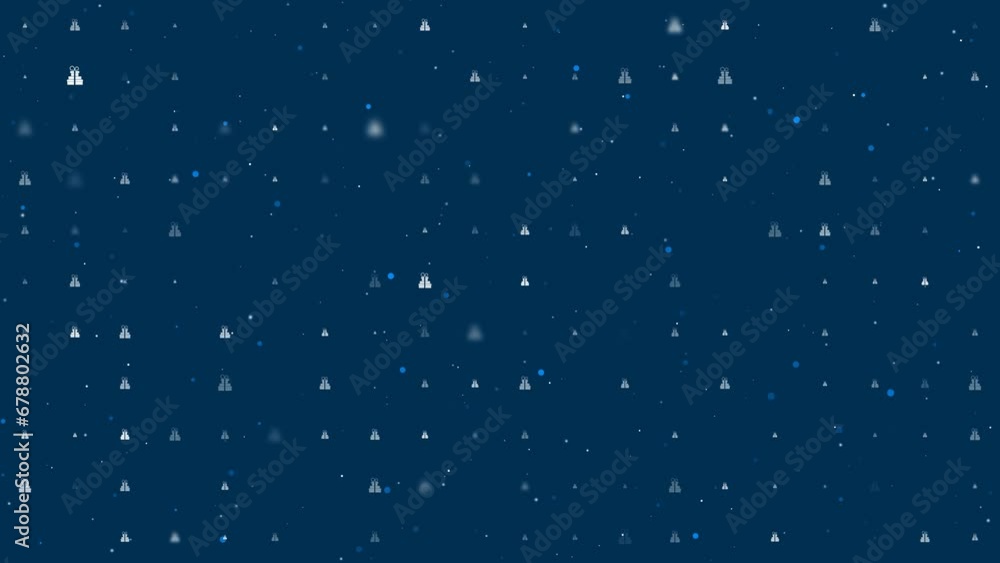 Poster Template animation of evenly spaced set of giftss of different sizes and opacity. Animation of transparency and size. Seamless looped 4k animation on dark blue background with stars