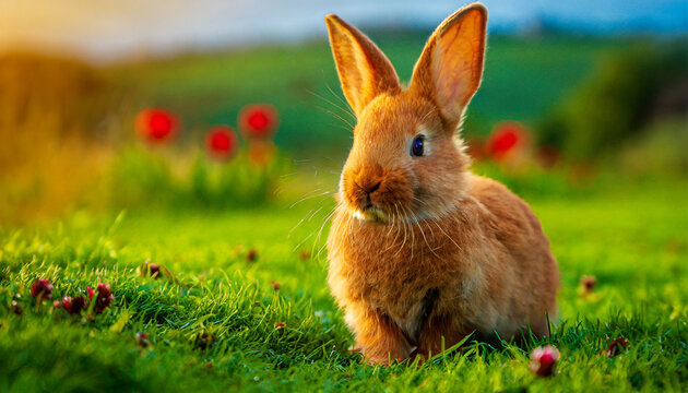 red rabbit on the green lawn look into the camera high quality photo