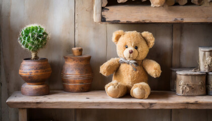 old teddy bear on wooden shelf