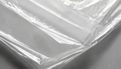Poster transparant wrinkled plastic white plastic or polyethylene bag texture macro white background © Irene