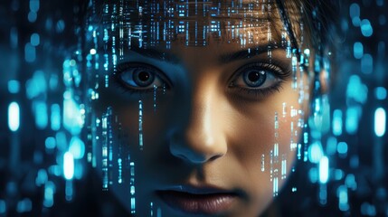 Cyberhumanoid girl robot with blue eyes and binary code represents AI, artificial intelligence and future technology. - obrazy, fototapety, plakaty