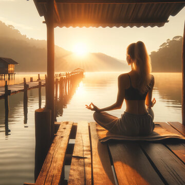 A photo of a young woman meditating on a wooden pier by the lake at sunrise, capturing a serene scene