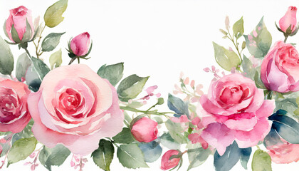 watercolor pink rose romantic flower border illustration - obrazy, fototapety, plakaty
