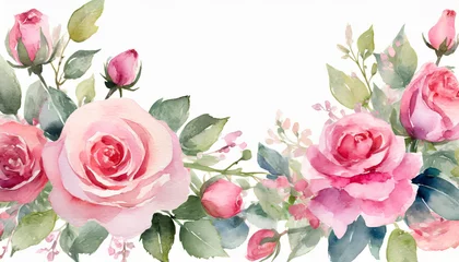 Fotobehang watercolor pink rose romantic flower border illustration © Irene