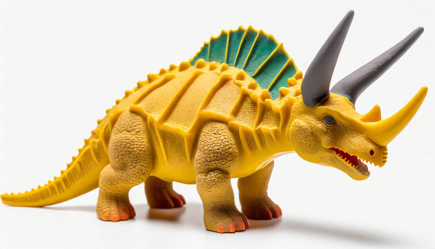 isolated photo of triceratops dinosaur plastic toy on white background