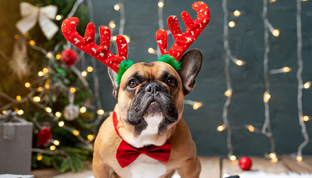 vertical photo christmas and new year concept french bulldog with christmas reindeer antlers