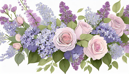 roses and lilac isolated on a background png file floral line arrangement bouquet of garden flowers can be used for invitations greeting wedding card