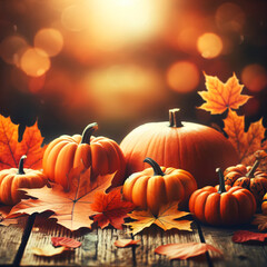 Naklejka na ściany i meble Photo of Fall background with orange pumpkins and fall leaves on a light surface, generative AI