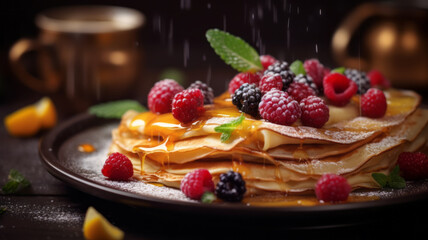 Delicious stack of pancakes with fresh berries and mint