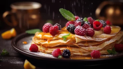 Deurstickers Delicious stack of pancakes with fresh berries and mint © Natalia Klenova