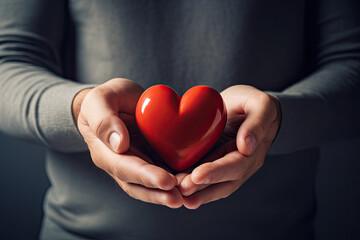 Man holding red heart in hands. Love, help, social responsibility, donation, charity, volunteering, gratitude, appreciate, world heart day concept.
