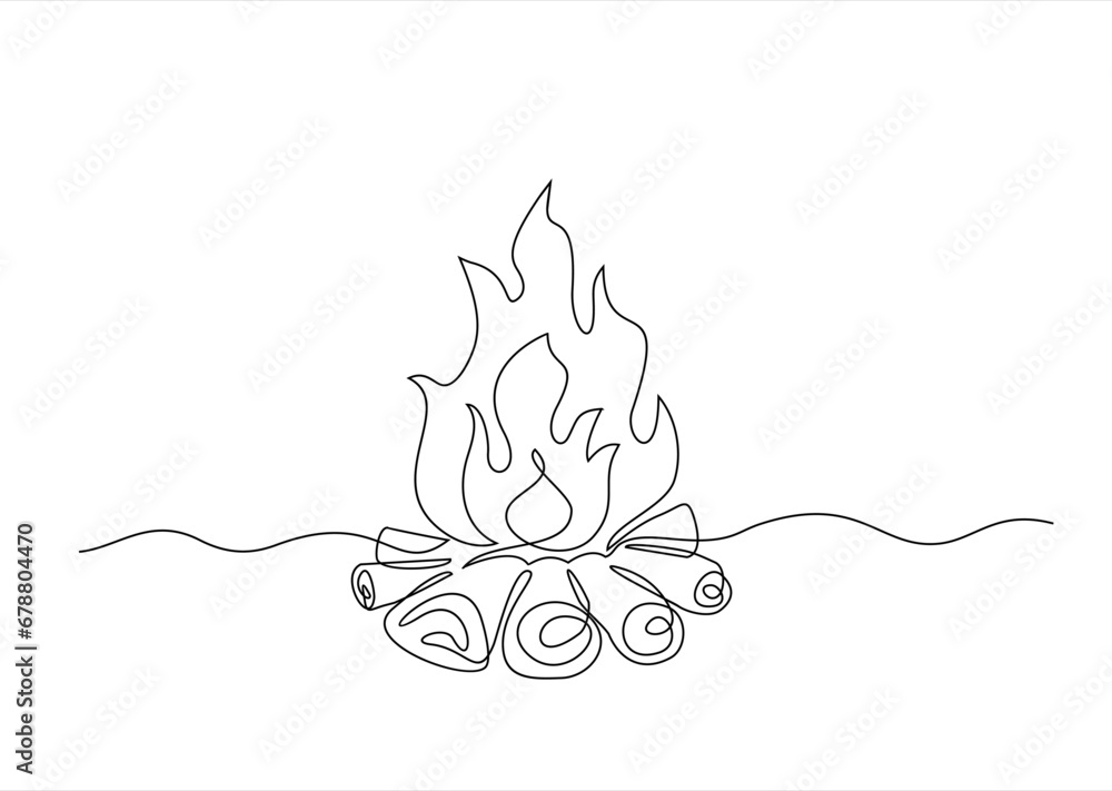 Poster continuous line drawing of fire. flame linear icon. one line drawing background. vector illustration
