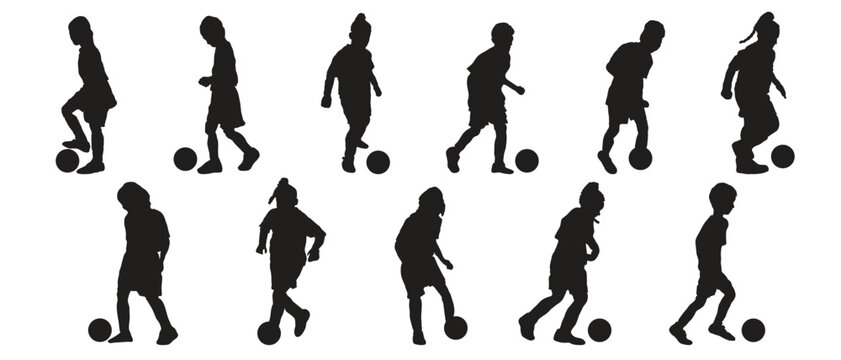 silhouettes of kids playing football in poses of kicking the football