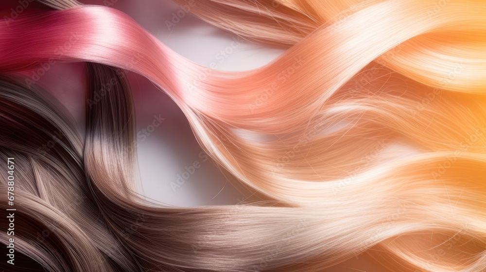 Aufkleber a group of different colored hair on top of each other on a white surface with a light reflection of
