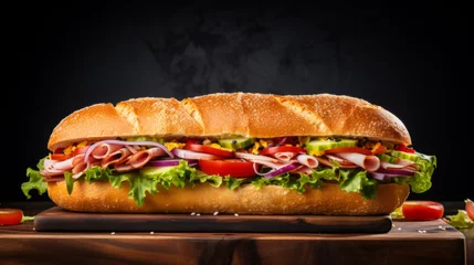Foto op Canvas Submarine sandwich with ham, cheese, lettuce, tomatoes,onion on wooden table © Natalia Klenova