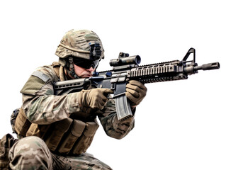 Fototapeta premium a American military army special force soldier with camouflage helmet and a rifle gun