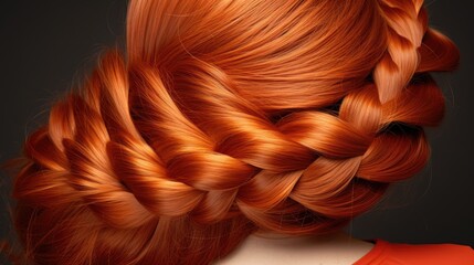  the back of a woman's head with red hair braided into a loose, loose, fishtailed, fishtailed, fishtailed braid.